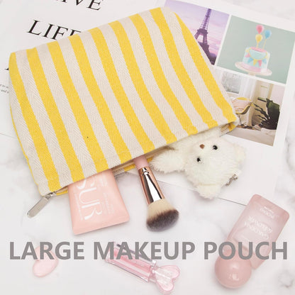 Flat Makeup Bag for Women,Zipper Cosmetic Pouch for Purse,Stripe Yellow | Cute Cosmetic Organizer for Makeup,Skincare,Toiletries,Daily Beauty Essentials,Purse,On-the-Go,Bridesmaid Proposal Gifts