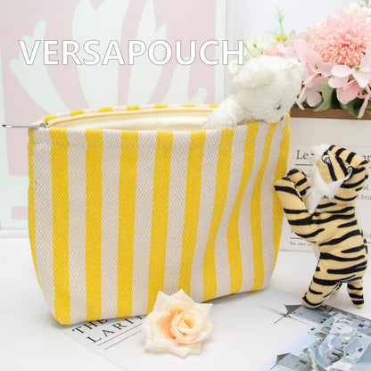 Flat Makeup Bag for Women,Zipper Cosmetic Pouch for Purse,Stripe Yellow | Cute Cosmetic Organizer for Makeup,Skincare,Toiletries,Daily Beauty Essentials,Purse,On-the-Go,Bridesmaid Proposal Gifts