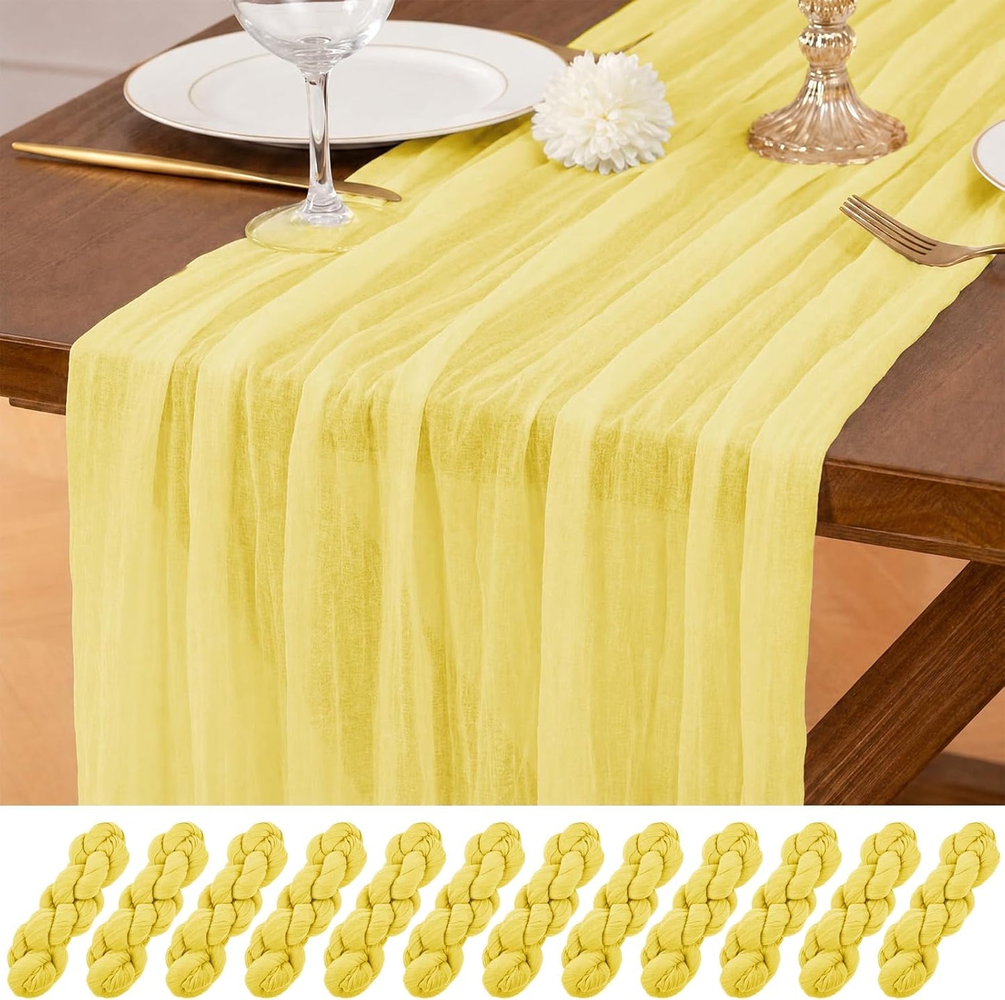 12 Pack Yellow Table Runner 10Ft Cheesecloth Table Runner Rustic Gauze Table Runners Romantic Long Sheer Fabric Cheese Cloth Table Runners for Wedding Party Bridal Baby Shower