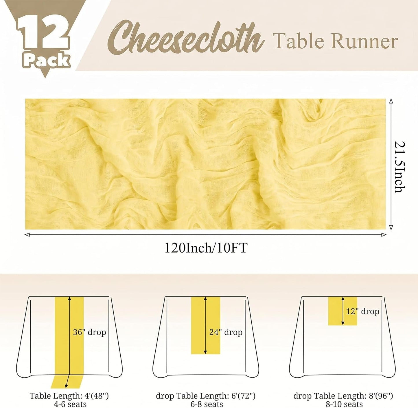 12 Pack Yellow Table Runner 10Ft Cheesecloth Table Runner Rustic Gauze Table Runners Romantic Long Sheer Fabric Cheese Cloth Table Runners for Wedding Party Bridal Baby Shower