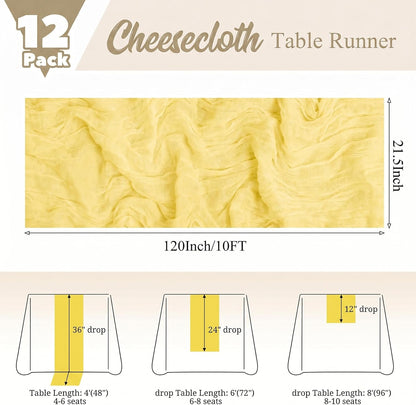 12 Pack Yellow Table Runner 10Ft Cheesecloth Table Runner Rustic Gauze Table Runners Romantic Long Sheer Fabric Cheese Cloth Table Runners for Wedding Party Bridal Baby Shower