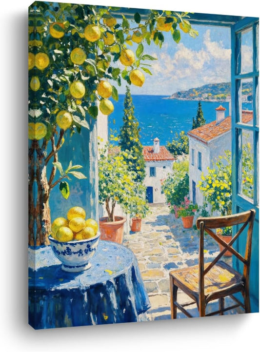 Italy Coast Wall Art, lemon wall art Modern Home Kitchen Decor | Nature Landscape Watercolor Painting Framed Canvas Print, Summer Italian Lemon Prints for Living Room Farmhouse 15x11.4 inch