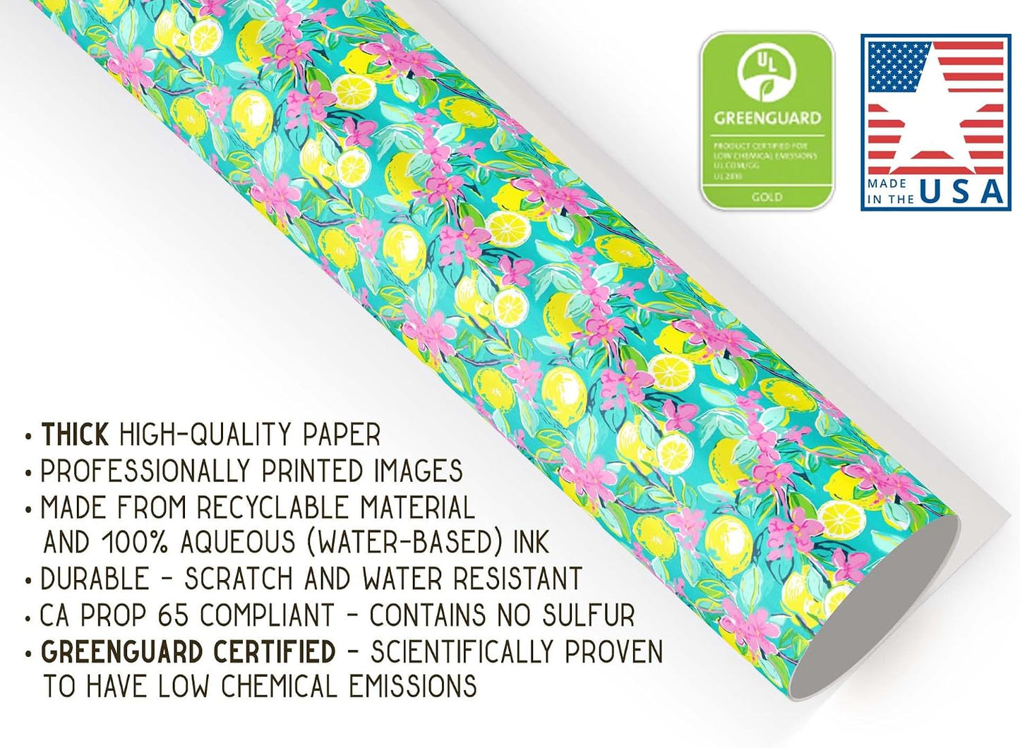 Cute Watercolor Lemon Theme Gift Paper, Citrus Fruit Summertime Wrapping Paper, Lemon Flower Theme Decor (Yellow, 20 inch x 30 inch sheet)