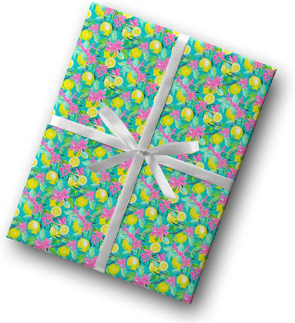 Cute Watercolor Lemon Theme Gift Paper, Citrus Fruit Summertime Wrapping Paper, Lemon Flower Theme Decor (Yellow, 20 inch x 30 inch sheet)