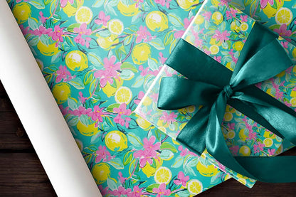Cute Watercolor Lemon Theme Gift Paper, Citrus Fruit Summertime Wrapping Paper, Lemon Flower Theme Decor (Yellow, 20 inch x 30 inch sheet)