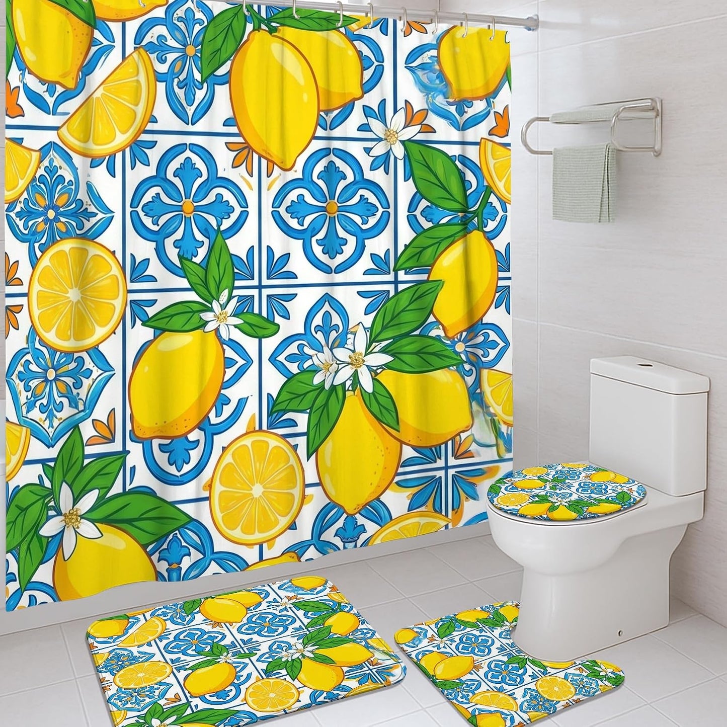 Lemon Shower Curtain Sets, Summer Tropical Slice Leaf Summer Yellow Waterproof Fabric Bathroom Sets with Shower Curtain and Rugs for Bath Bathtub Apartment Decor 72x72 Inch