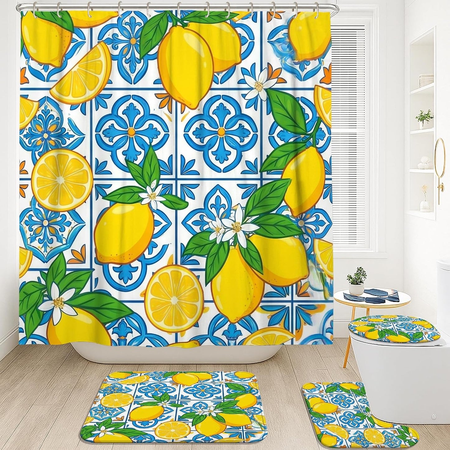 Lemon Shower Curtain Sets, Summer Tropical Slice Leaf Summer Yellow Waterproof Fabric Bathroom Sets with Shower Curtain and Rugs for Bath Bathtub Apartment Decor 72x72 Inch