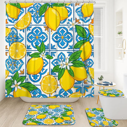 Lemon Shower Curtain Sets, Summer Tropical Slice Leaf Summer Yellow Waterproof Fabric Bathroom Sets with Shower Curtain and Rugs for Bath Bathtub Apartment Decor 72x72 Inch