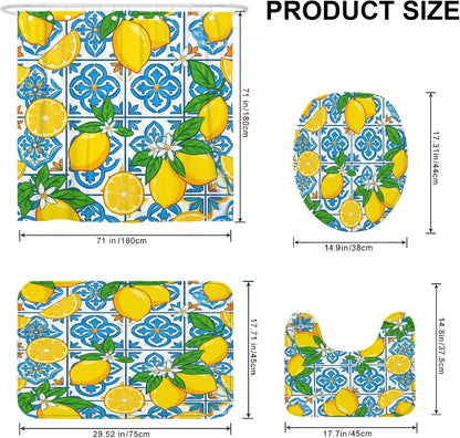 Lemon Shower Curtain Sets, Summer Tropical Slice Leaf Summer Yellow Waterproof Fabric Bathroom Sets with Shower Curtain and Rugs for Bath Bathtub Apartment Decor 72x72 Inch