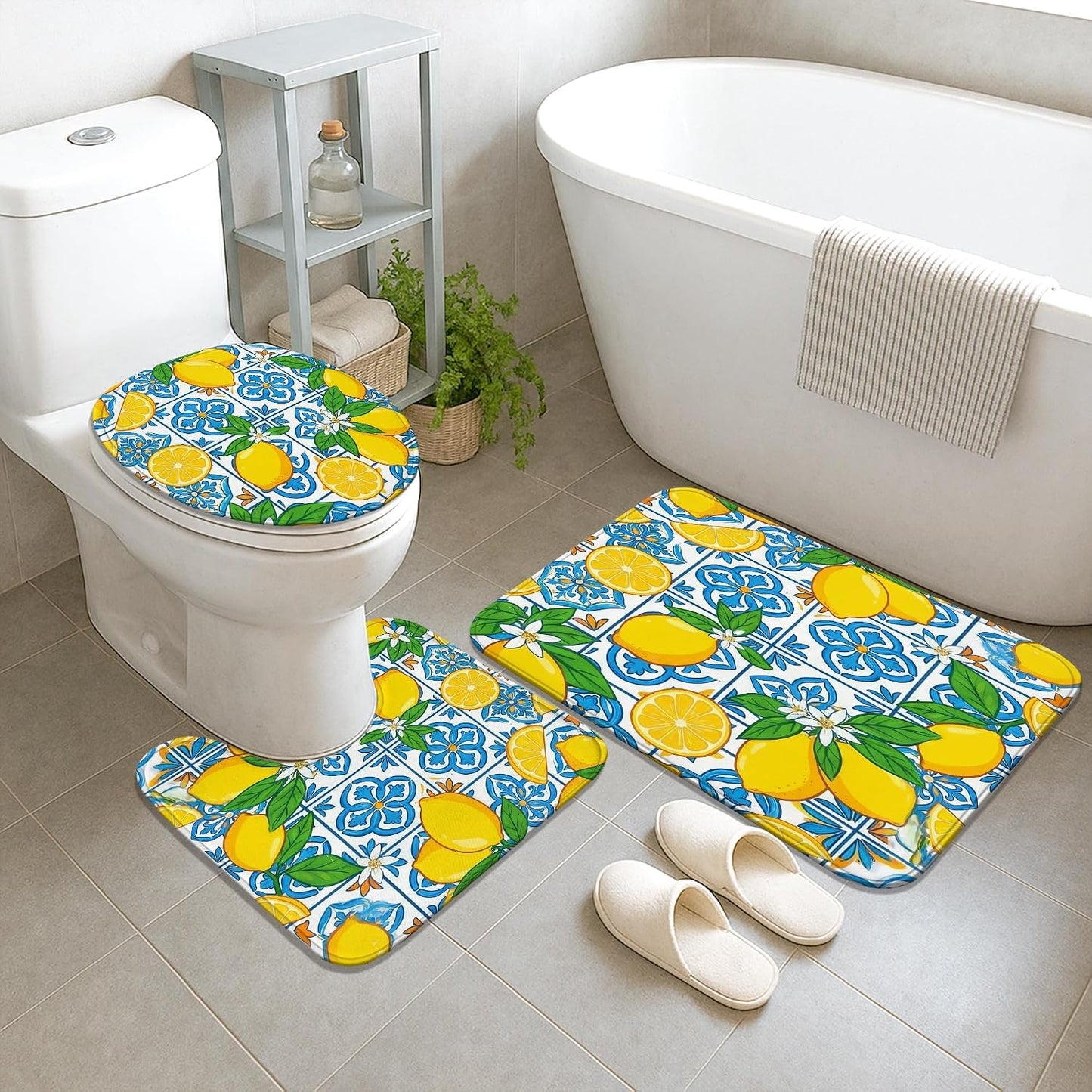 Lemon Shower Curtain Sets, Summer Tropical Slice Leaf Summer Yellow Waterproof Fabric Bathroom Sets with Shower Curtain and Rugs for Bath Bathtub Apartment Decor 72x72 Inch