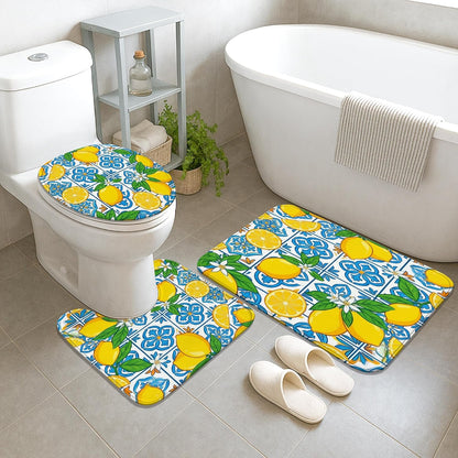 Lemon Shower Curtain Sets, Summer Tropical Slice Leaf Summer Yellow Waterproof Fabric Bathroom Sets with Shower Curtain and Rugs for Bath Bathtub Apartment Decor 72x72 Inch