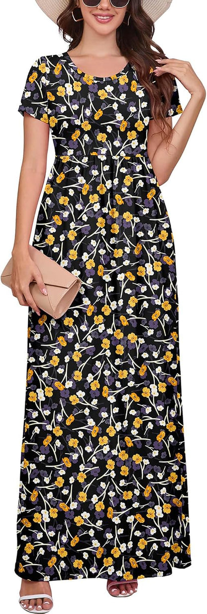 Maxi Dress for Women Short Sleeve Casual Summer Loose Plain Comfy Long Dresses with Pockets