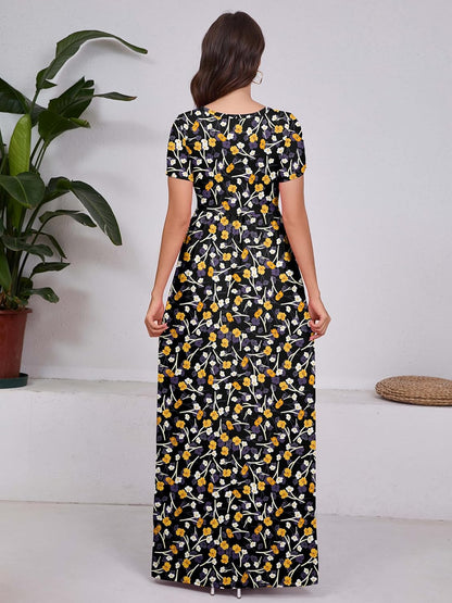Maxi Dress for Women Short Sleeve Casual Summer Loose Plain Comfy Long Dresses with Pockets