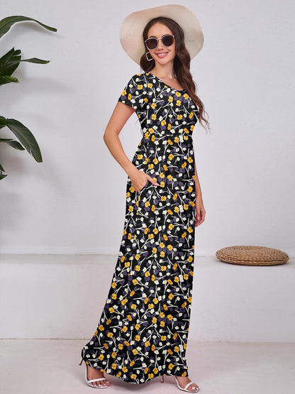 Maxi Dress for Women Short Sleeve Casual Summer Loose Plain Comfy Long Dresses with Pockets