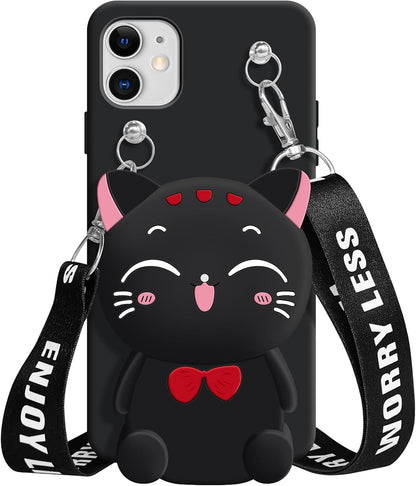 Wallet Case for iPhone 11 with Strap Lanyard Cute Cat Black Coin Purse Funny Phone Case Kawaii Soft Silicone Shockproof Cover for Women Girls