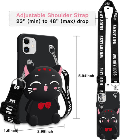 Wallet Case for iPhone 11 with Strap Lanyard Cute Cat Black Coin Purse Funny Phone Case Kawaii Soft Silicone Shockproof Cover for Women Girls