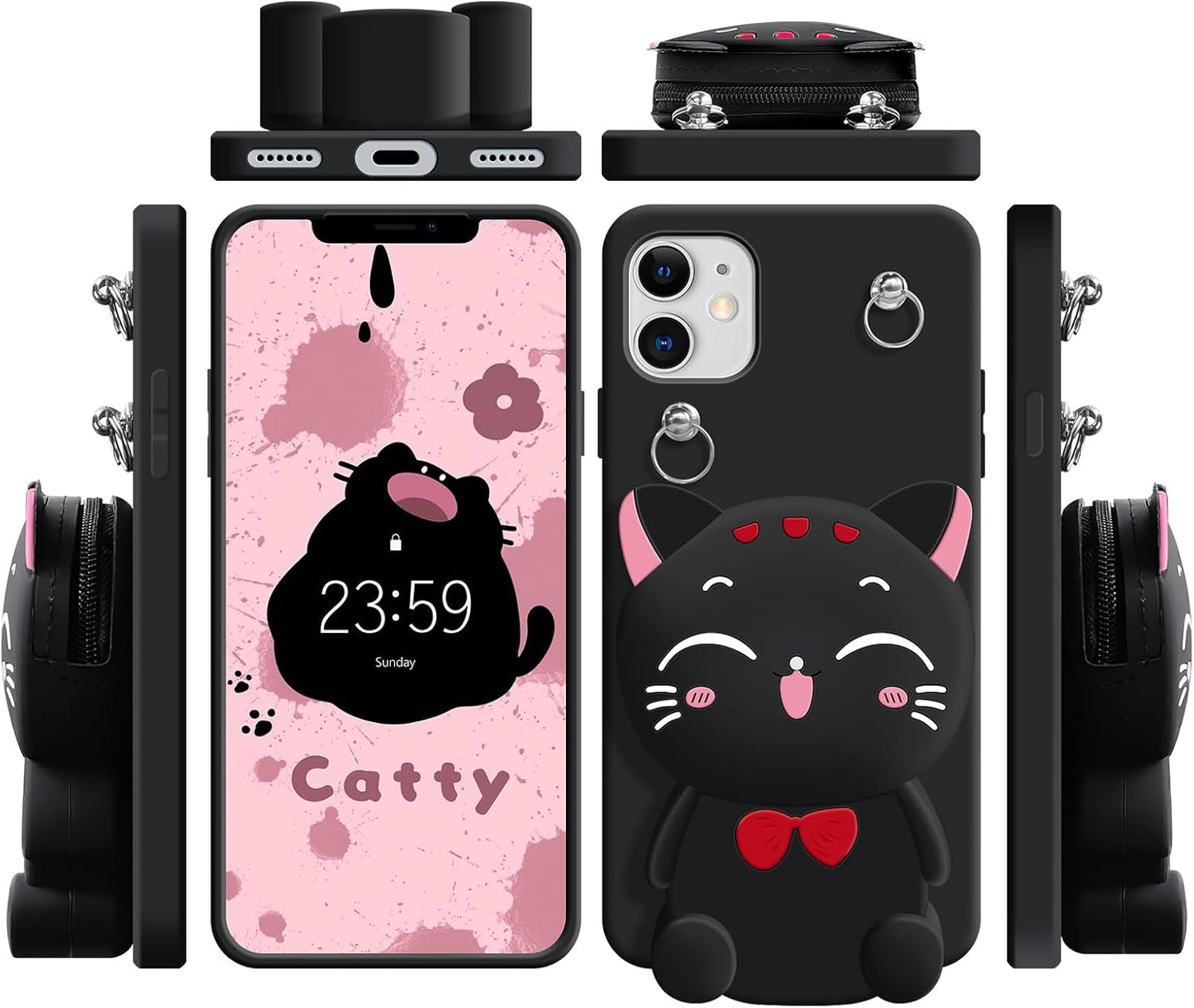 Wallet Case for iPhone 11 with Strap Lanyard Cute Cat Black Coin Purse Funny Phone Case Kawaii Soft Silicone Shockproof Cover for Women Girls