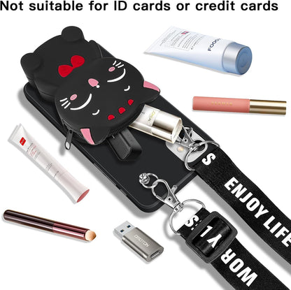 Wallet Case for iPhone 11 with Strap Lanyard Cute Cat Black Coin Purse Funny Phone Case Kawaii Soft Silicone Shockproof Cover for Women Girls