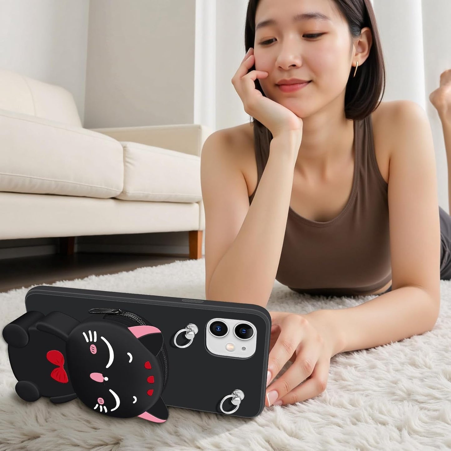 Wallet Case for iPhone 11 with Strap Lanyard Cute Cat Black Coin Purse Funny Phone Case Kawaii Soft Silicone Shockproof Cover for Women Girls