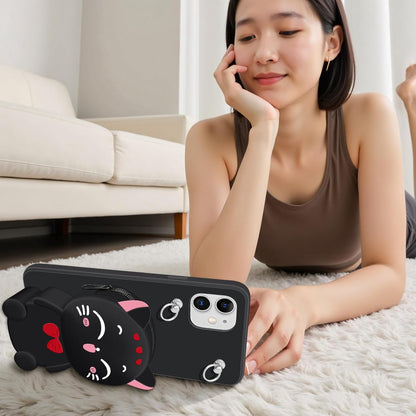 Wallet Case for iPhone 11 with Strap Lanyard Cute Cat Black Coin Purse Funny Phone Case Kawaii Soft Silicone Shockproof Cover for Women Girls