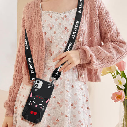 Wallet Case for iPhone 11 with Strap Lanyard Cute Cat Black Coin Purse Funny Phone Case Kawaii Soft Silicone Shockproof Cover for Women Girls