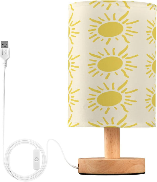 Yellow Suns Bedside Table Lamp, Small LED Desk Light USB Nightstand Lamp with Non Slip Wood Base & Eye-Friendily Lampshade for Living Room Bedroom Dorm Home Office Desk Decor