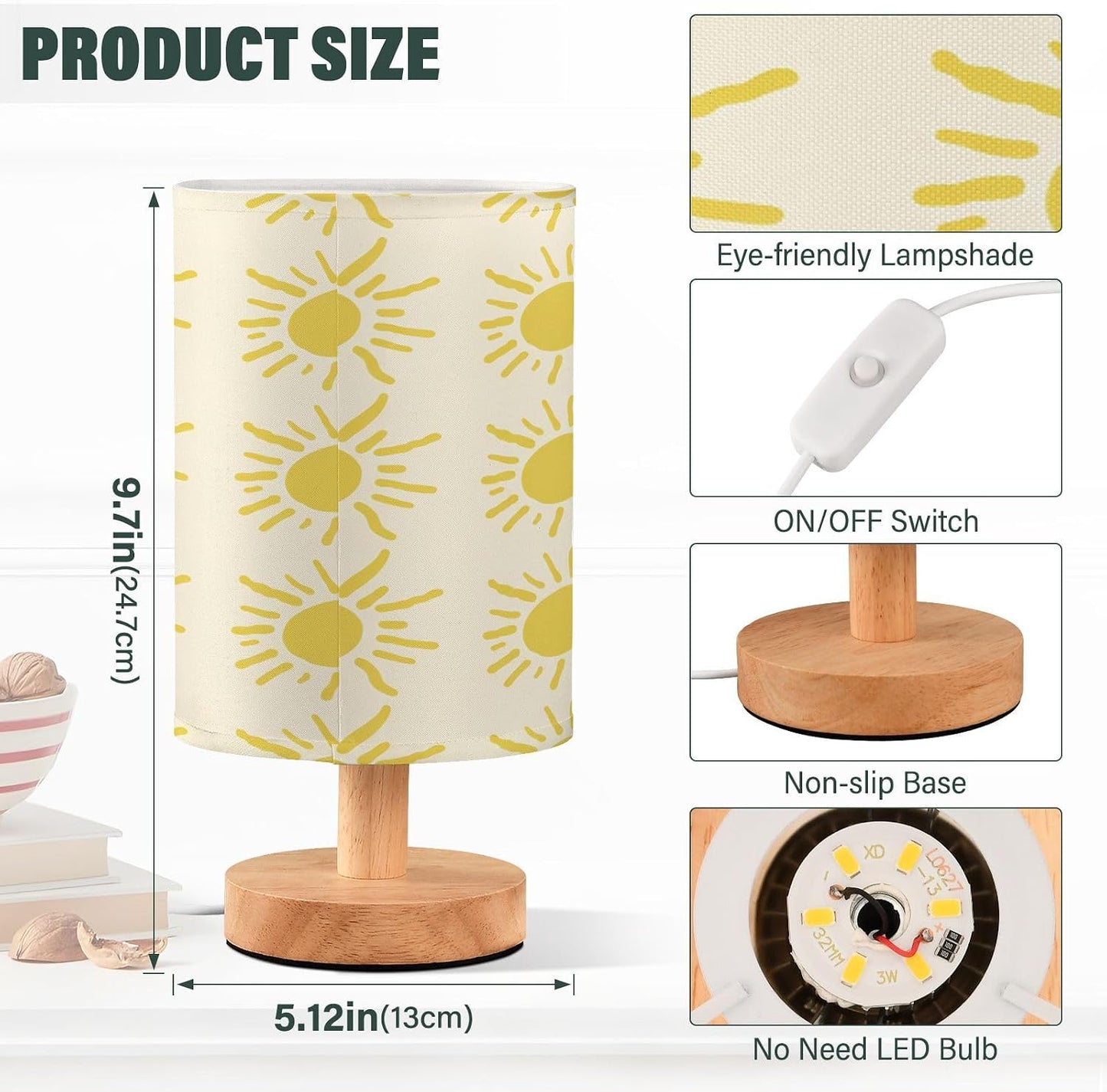 Yellow Suns Bedside Table Lamp, Small LED Desk Light USB Nightstand Lamp with Non Slip Wood Base & Eye-Friendily Lampshade for Living Room Bedroom Dorm Home Office Desk Decor