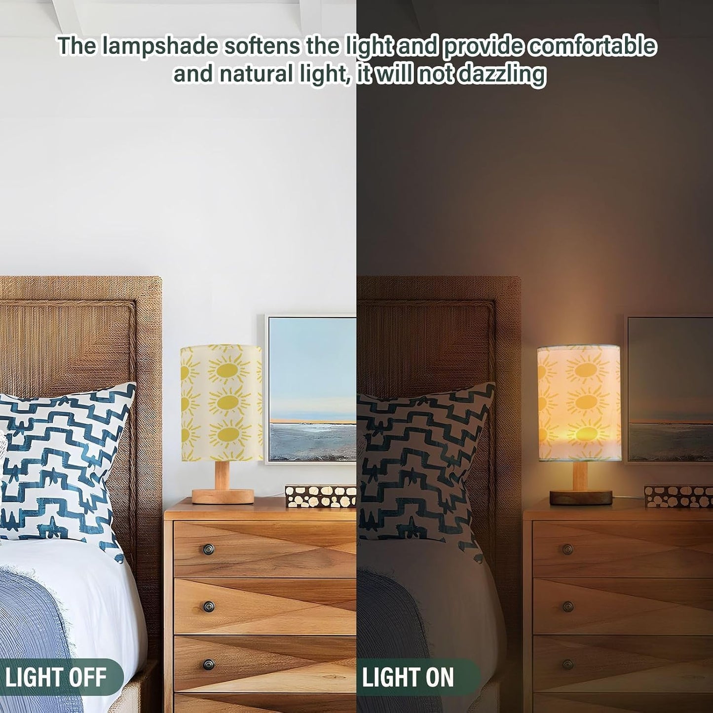 Yellow Suns Bedside Table Lamp, Small LED Desk Light USB Nightstand Lamp with Non Slip Wood Base & Eye-Friendily Lampshade for Living Room Bedroom Dorm Home Office Desk Decor