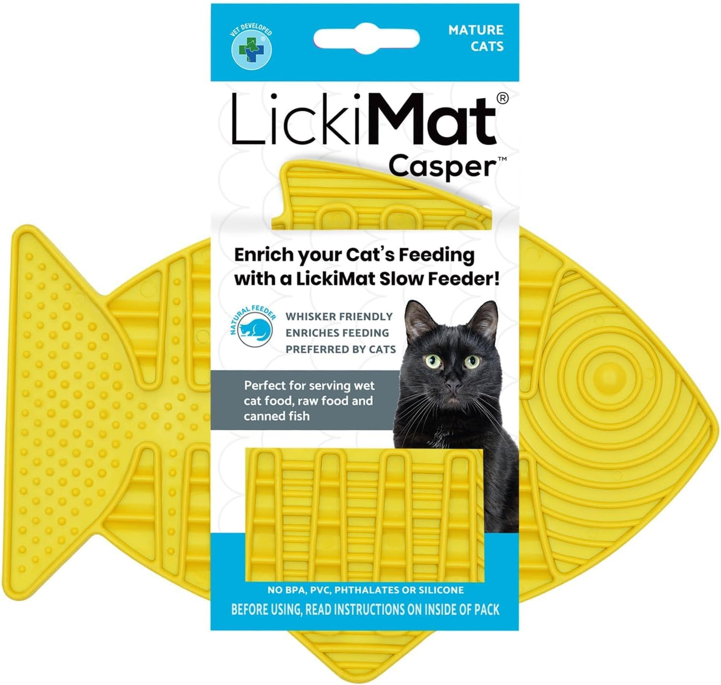 Casper, Fish-Shaped Cat Slow Feeders Lick Mat, Boredom Anxiety Reducer; Perfect for Food, Treats, Yogurt, or Peanut Butter. Fun Alternative to a Slow Feed Cat Bowl or Dish, Yellow