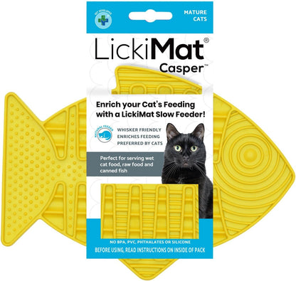 Casper, Fish-Shaped Cat Slow Feeders Lick Mat, Boredom Anxiety Reducer; Perfect for Food, Treats, Yogurt, or Peanut Butter. Fun Alternative to a Slow Feed Cat Bowl or Dish, Yellow