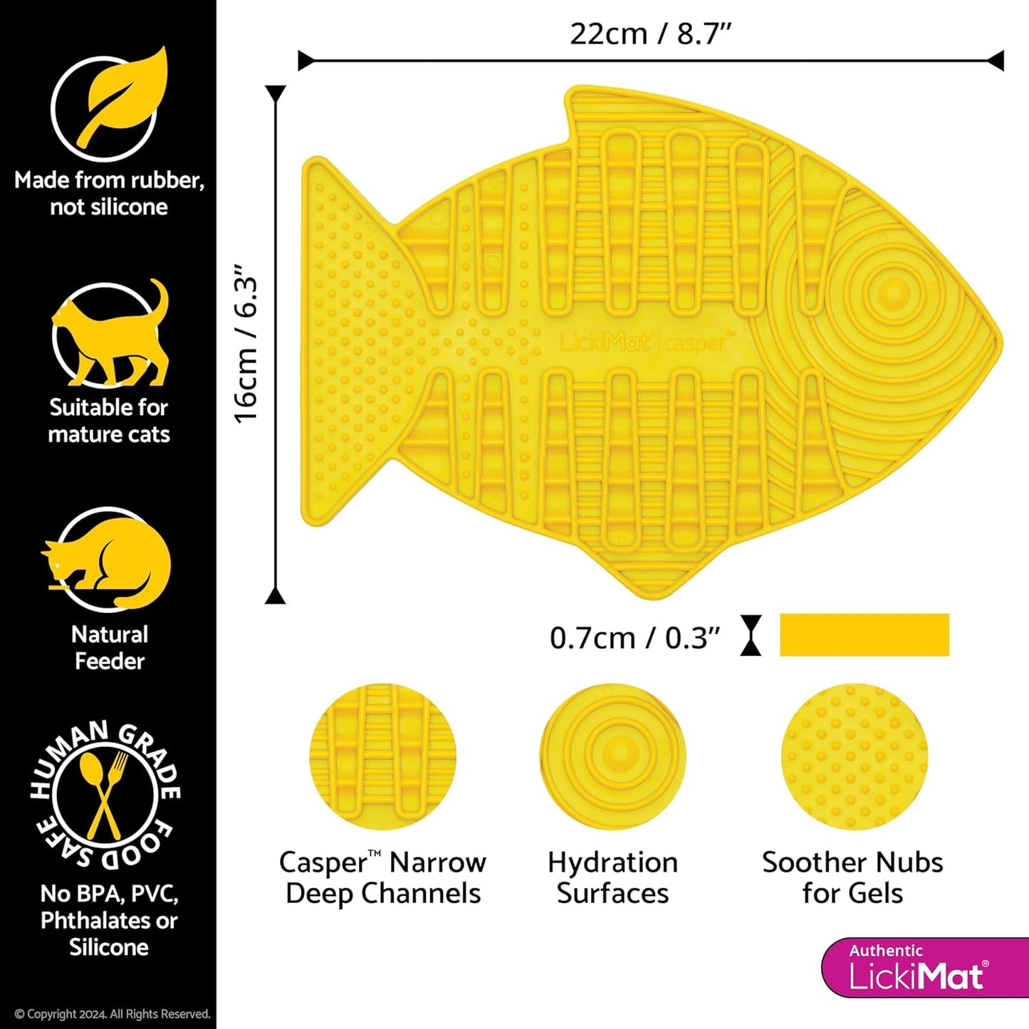 Casper, Fish-Shaped Cat Slow Feeders Lick Mat, Boredom Anxiety Reducer; Perfect for Food, Treats, Yogurt, or Peanut Butter. Fun Alternative to a Slow Feed Cat Bowl or Dish, Yellow
