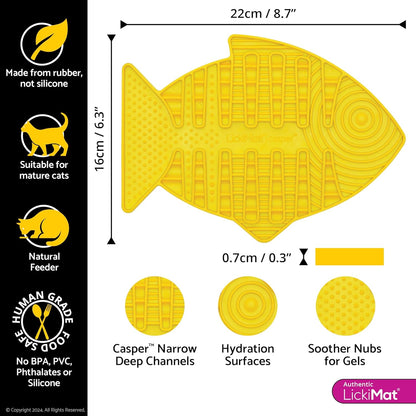 Casper, Fish-Shaped Cat Slow Feeders Lick Mat, Boredom Anxiety Reducer; Perfect for Food, Treats, Yogurt, or Peanut Butter. Fun Alternative to a Slow Feed Cat Bowl or Dish, Yellow