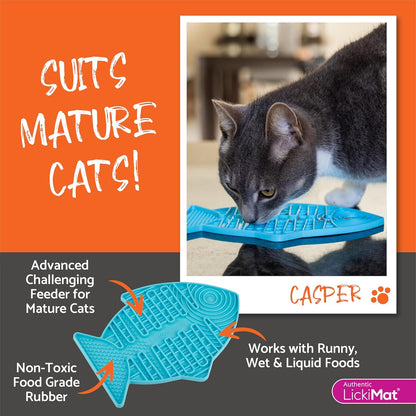 Casper, Fish-Shaped Cat Slow Feeders Lick Mat, Boredom Anxiety Reducer; Perfect for Food, Treats, Yogurt, or Peanut Butter. Fun Alternative to a Slow Feed Cat Bowl or Dish, Yellow