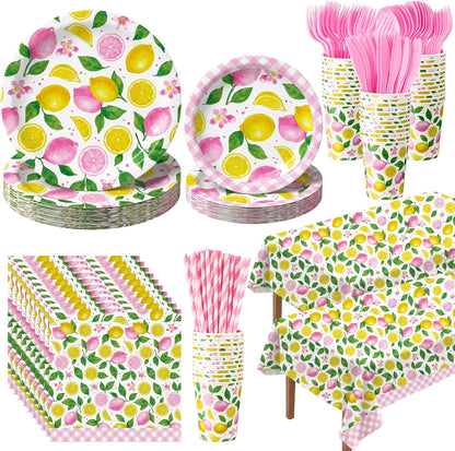452 Pcs Pink Lemon Party Supplies Lemon Party Tableware Set with 9 Inch 7 Inch Plates Napkins Tablecloths 9oz Cups Cutlery Straws for Summer Birthday Baby Shower Bridal Shower, 50 Guests