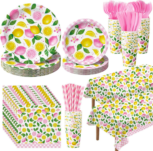 452 Pcs Pink Lemon Party Supplies Lemon Party Tableware Set with 9 Inch 7 Inch Plates Napkins Tablecloths 9oz Cups Cutlery Straws for Summer Birthday Baby Shower Bridal Shower, 50 Guests
