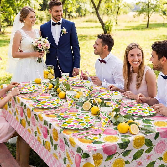 452 Pcs Pink Lemon Party Supplies Lemon Party Tableware Set with 9 Inch 7 Inch Plates Napkins Tablecloths 9oz Cups Cutlery Straws for Summer Birthday Baby Shower Bridal Shower, 50 Guests