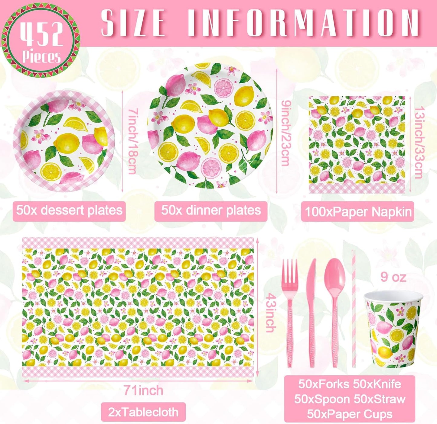452 Pcs Pink Lemon Party Supplies Lemon Party Tableware Set with 9 Inch 7 Inch Plates Napkins Tablecloths 9oz Cups Cutlery Straws for Summer Birthday Baby Shower Bridal Shower, 50 Guests
