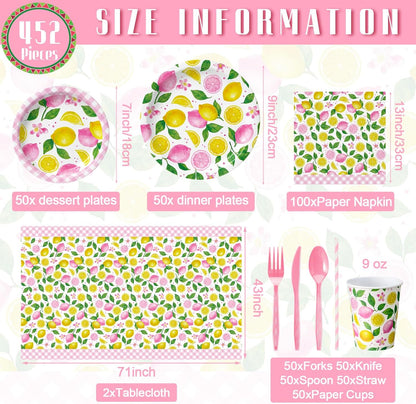 452 Pcs Pink Lemon Party Supplies Lemon Party Tableware Set with 9 Inch 7 Inch Plates Napkins Tablecloths 9oz Cups Cutlery Straws for Summer Birthday Baby Shower Bridal Shower, 50 Guests