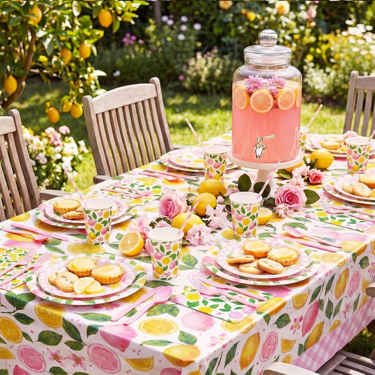 452 Pcs Pink Lemon Party Supplies Lemon Party Tableware Set with 9 Inch 7 Inch Plates Napkins Tablecloths 9oz Cups Cutlery Straws for Summer Birthday Baby Shower Bridal Shower, 50 Guests