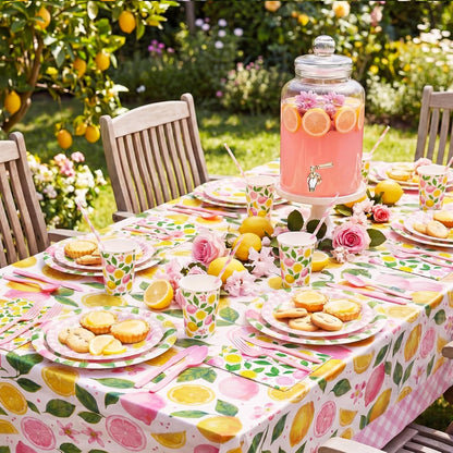 452 Pcs Pink Lemon Party Supplies Lemon Party Tableware Set with 9 Inch 7 Inch Plates Napkins Tablecloths 9oz Cups Cutlery Straws for Summer Birthday Baby Shower Bridal Shower, 50 Guests