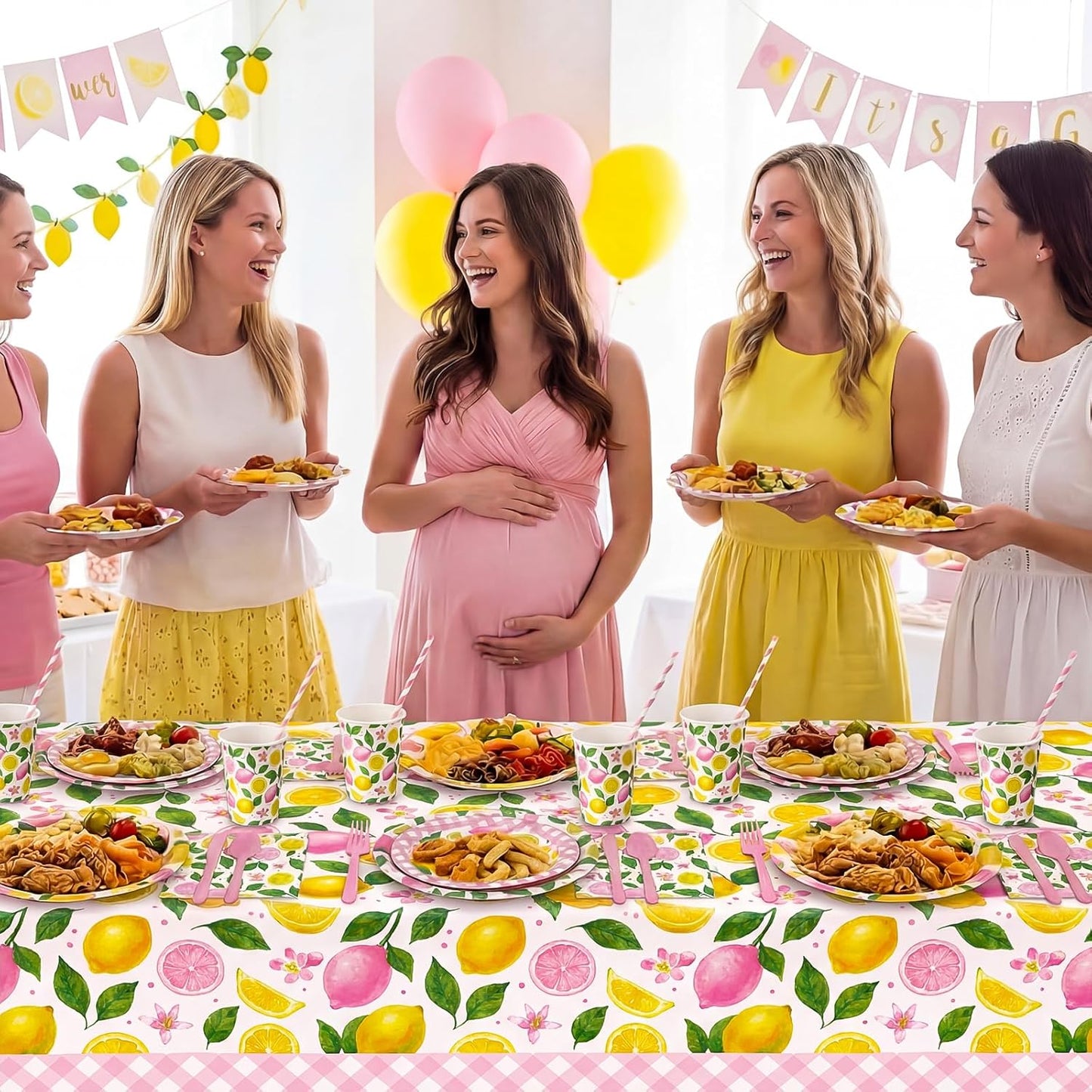 452 Pcs Pink Lemon Party Supplies Lemon Party Tableware Set with 9 Inch 7 Inch Plates Napkins Tablecloths 9oz Cups Cutlery Straws for Summer Birthday Baby Shower Bridal Shower, 50 Guests