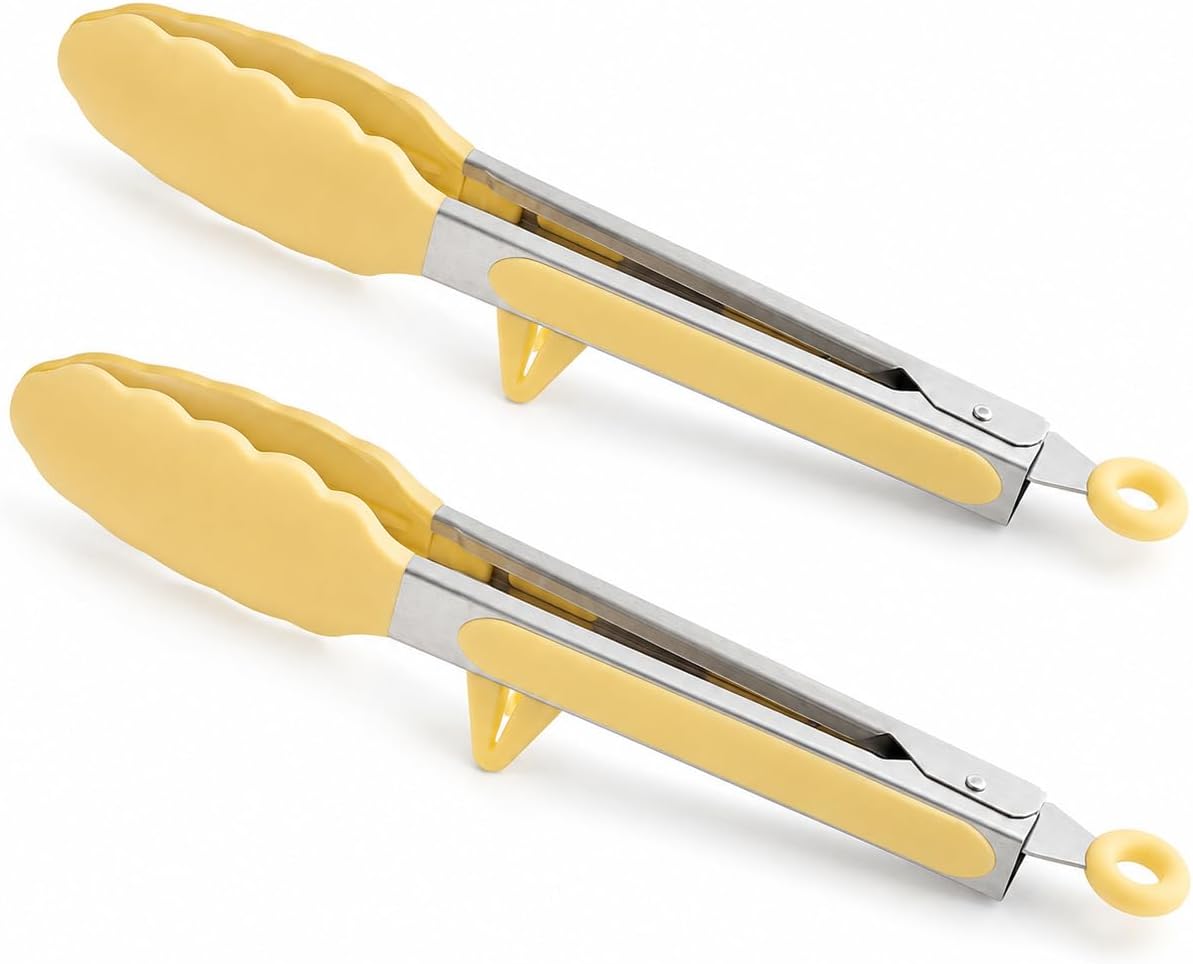 Yellow Silicone Kitchen Tongs, 10.35 Inch Stand-Up Tongs, 2 Pack | Stainless steel and silicone, 10.35 in; stand-up design keeps tips raised; for barbecue,cooking,serving and nonstick pans