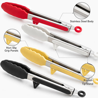 Yellow Silicone Kitchen Tongs, 10.35 Inch Stand-Up Tongs, 2 Pack | Stainless steel and silicone, 10.35 in; stand-up design keeps tips raised; for barbecue,cooking,serving and nonstick pans