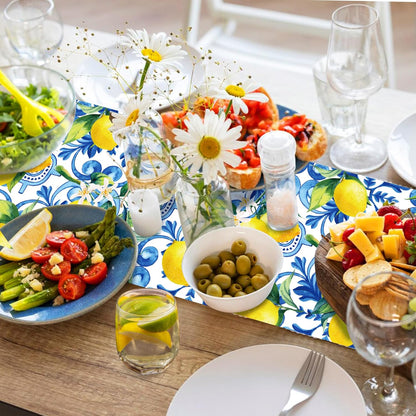 6 Pieces Capri Lemon Party Table Runners 14 x 108 Inches Disposable Plastic Italian Tile Lemon Pattern Tablecloth for Summer Wedding Lemonade Birthday Party Supplies Home Kitchen Dining Decor