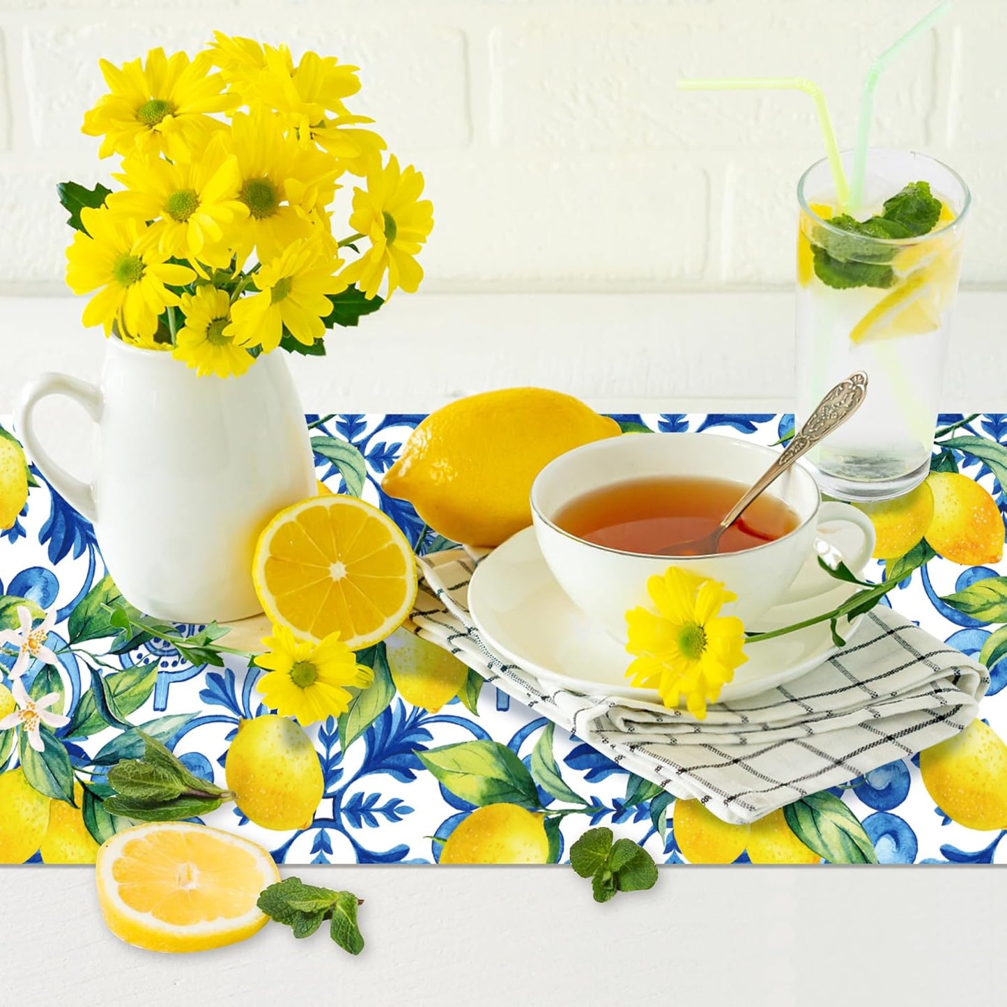 6 Pieces Capri Lemon Party Table Runners 14 x 108 Inches Disposable Plastic Italian Tile Lemon Pattern Tablecloth for Summer Wedding Lemonade Birthday Party Supplies Home Kitchen Dining Decor