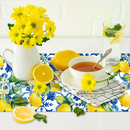 6 Pieces Capri Lemon Party Table Runners 14 x 108 Inches Disposable Plastic Italian Tile Lemon Pattern Tablecloth for Summer Wedding Lemonade Birthday Party Supplies Home Kitchen Dining Decor