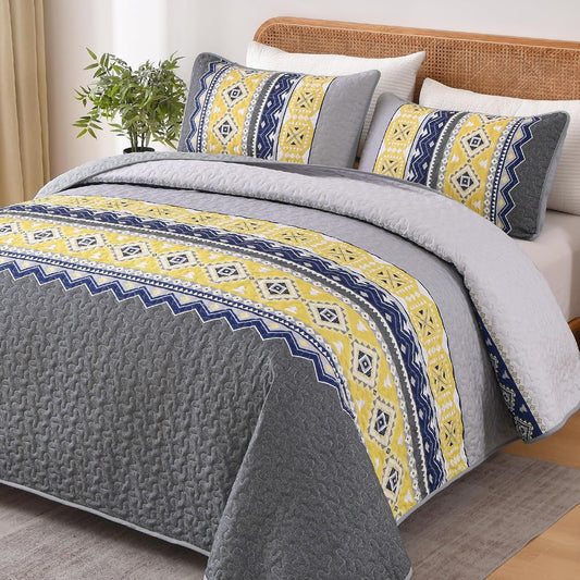 3 Pieces Quilt Set King Size, Grey Yellow Quilt Bedspread Lightweight Bohemian Coverlet Set with 2 Pillowcase, Soft Geometry Printed Bedding Set King for All Season 104"×90"