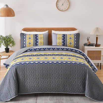 3 Pieces Quilt Set King Size, Grey Yellow Quilt Bedspread Lightweight Bohemian Coverlet Set with 2 Pillowcase, Soft Geometry Printed Bedding Set King for All Season 104"×90"
