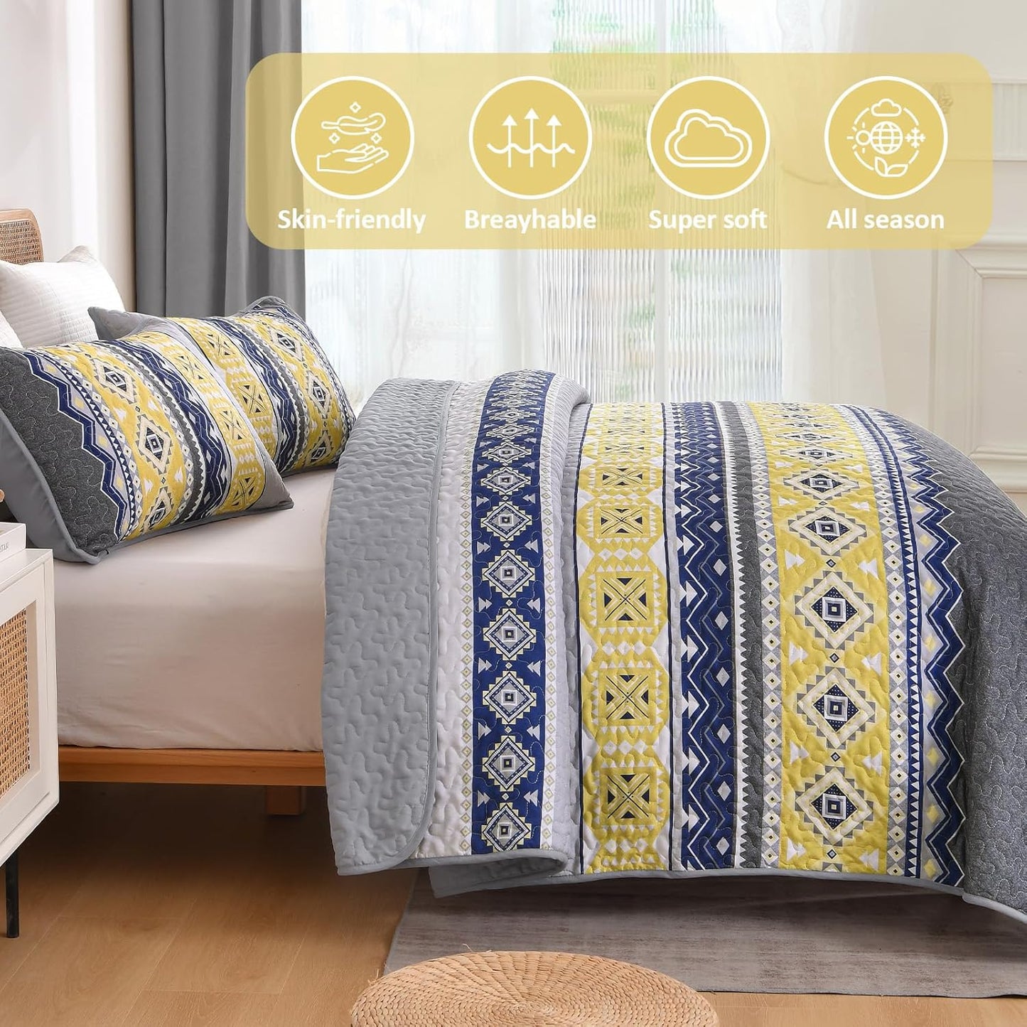 3 Pieces Quilt Set King Size, Grey Yellow Quilt Bedspread Lightweight Bohemian Coverlet Set with 2 Pillowcase, Soft Geometry Printed Bedding Set King for All Season 104"×90"