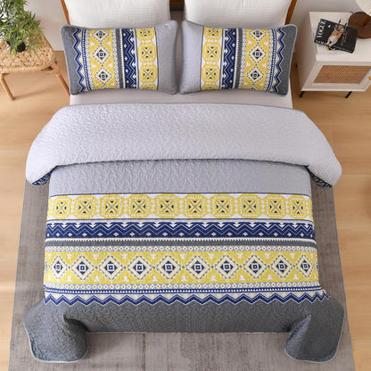 3 Pieces Quilt Set King Size, Grey Yellow Quilt Bedspread Lightweight Bohemian Coverlet Set with 2 Pillowcase, Soft Geometry Printed Bedding Set King for All Season 104"×90"